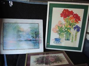 lot 280 image: Art lot- Flowers 38x30 glass chipped River picture no frame 26 x 32, Rose with gold frame 30x16, farm house by Johnny humprey 27 x 34 12