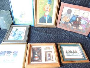 lot 281 image: Red head duck by Art Lamay 11x 9, LaVern Elliot Kachina dolls 12x10, children spinning by R Julas 10x12The cat who saw you naked 13 x 11, blackand white dolls 18x14 clown byRoan 1968 21 x 13