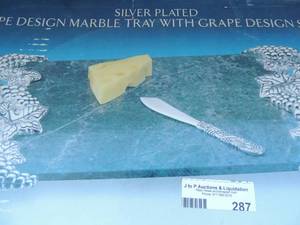 lot 287 image: Silver platted grape design marble serving tray with handles