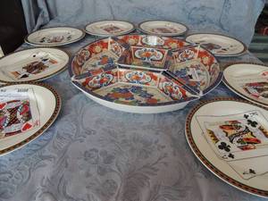 lot 297 image: AMERICAN ATELIER  at home CASINO (4) Porcelain 8 Salad Plates Playing Card plates 2 SETS , Fred Roberts Veggie and dip tray 5 pieces