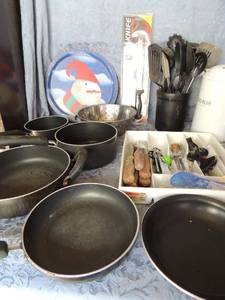 lot 301 image: Various pans no lids, strainer, coffee thermal pitcher, various kitchenutencils, spatula, mixer, knives, hand can openers and more