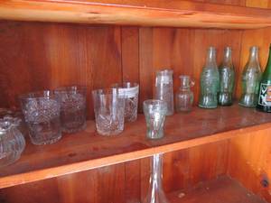 lot 303 image: 4 old coca cola bottles and various glassware