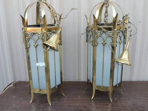 lot 323 image: Church lamps - these were removed from the Arlington Heights Methodist church after a fire in the early 1980 and then restored  QTY  OF 2