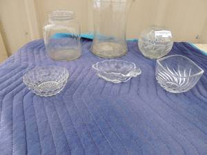 lot 340 image: 3 candy dishes grapes, sundial and bubbled glass and brown leaf glass planter