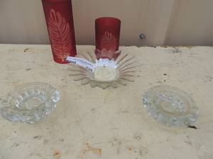 lot 339 image: Crystal glass candle holder x 2 candle tray with decorative candle candle covers indian leaf