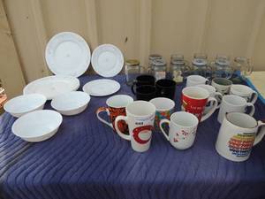 lot 345 image: 10 mugs, 3 black coffee cups, 12 coffee mugs, 2 filtered pitchers brita, arcopal french dishware 4 blates 2 saucers, 3 bowls and 2 cup cake plates