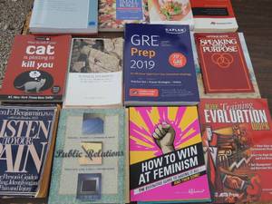 lot 352 image: Books x 16- Big wedding small budget, speaking with a purpose, GRE prep 2019, business sceanarios, public relations and more