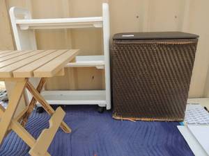 lot 366 image: Brown wicker laundry basket folding plastic table 3 tierplastic rolling cart