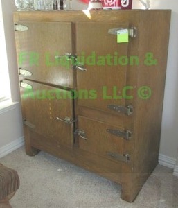 lot 3 image: Antique Ice box refrigerator, solid oak with liner inserts, 48x 25 x 58. VERY HEAVY BRING HELP TO LOAD OUT