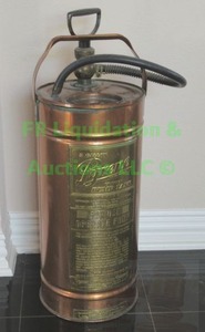 lot 7 image: Vintage Pyrene 5 gallon copper pump tank extinguisher, 27 tall