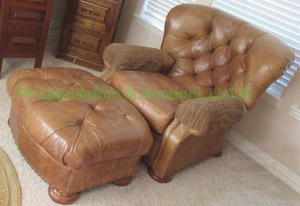 lot 12 image: La-Z-boy leather button tufted chair and ottoman