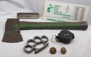 lot 28 image: Military collectibles including combat hatchet, metal knuckles, compass, MArine band harmonica