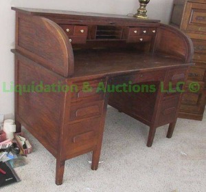 lot 30 image: Mid century solid oak roll top desk, 54 x 30 x 42