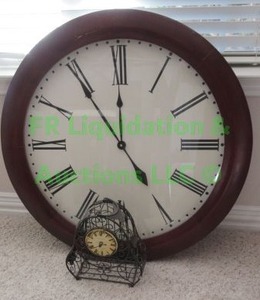 lot 36 image: Large wood framed round wall clock (32 wide) & wire frame mantle clock