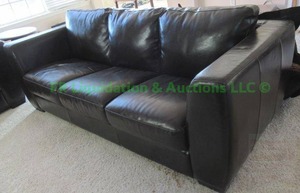lot 109 image: Bonded leather couch, no tears or cracks. matches lots 111 & 112