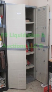 lot 236 image: Keter double door plastic storage cabinet plus contents, 30 x 19 x 69