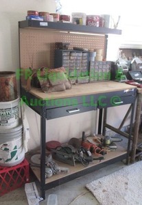 lot 235 image: Waterloo work utility bench plus contents on top 42 x 21 x 59 (contents on bottom shelf not included)
