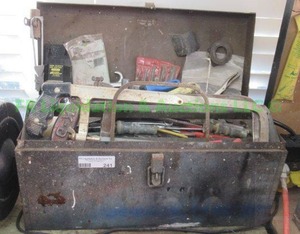 lot 241 image: Rustic tool box packed full of misc. tools plus