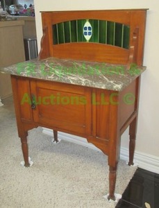 lot 107 image: Vintage buffet sideboard with marble top and solid maple wood base, 30 x 17 x 41