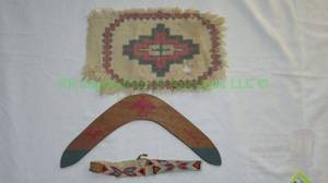 lot 188 image: Native American bead head band, ceremonial cloth and boomerang