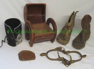 lot 95 image: Vintage western collectibles including spurs, cowhide cup cooler, childrens cowboy boots plus