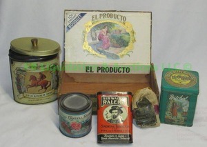 lot 72 image: Mid century commercial tins and wood cigar box