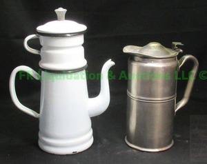 lot 62 image: Mid century Hilton Hotels Legion utensils creamer pot & Vintage enameled metal tea pot
