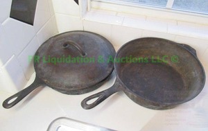 lot 58 image: Cast iron skillets one with lid