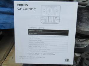 lot 47 image: PHILLIPS CHLORIDE EMERGENCY EXIT SIGN LIGHTING MODEL# VCH253GW 4 CASES PER LOT 6 SIGNS PER BOX