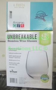 lot 171 image: Arcoroc 6 Fiesta 2.5oz to 16oz glasses and Tritan unbreakable stemless wine glasses 8 count in box