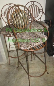 lot 10 image: Bronze tone wrought iron raised bar stool set with leopard pattern cushions, 30 to seat