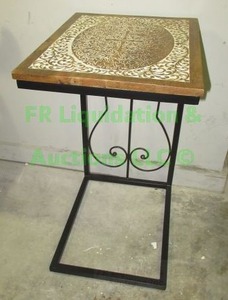lot 38 image: Walnut wood embossed top with metal base side serving stand