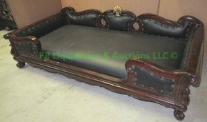 lot 82 image: Ornate pet bed wood frame vinyl pad, 49 x 24 x 11
