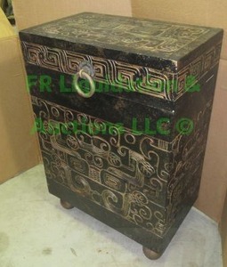 lot 79 image: Early 20th century style cellarete with unusual art deco designs and gold wash overlay 20 x 12 x 29
