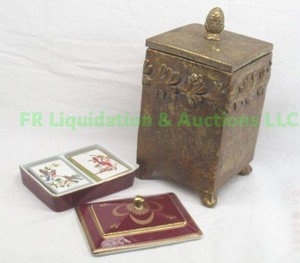 lot 53 image: Neiman Marcus ceramic playing card storage dish and a ceramic storage container