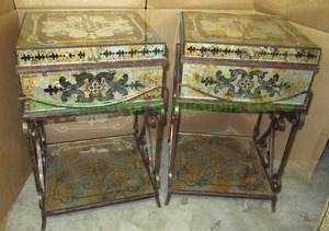 lot 55 image: Florentine style Ornate Mirrored wrought iron frame with hinged lid storage end table set of 2. 15 x 15 x 25