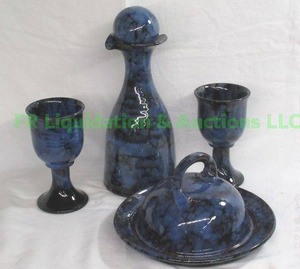 lot 59 image: Ewenny pottery Wales carafe goblets & serving dish set, has chips