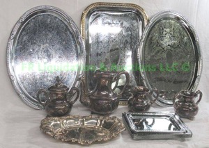 lot 111 image: Victorian theme silver plate tea pot serving set and more