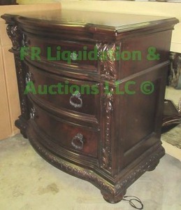 lot 102 image: Acme furniture company Anondale Collection 35 Nightstand 3 Drawer, Pumpkin Bun Feet, Poplar & Cherry Veneer 34x19x32 matches lot 103