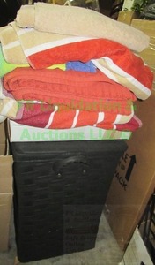 lot 112 image: Sonoma, Ronchereskin and others towels plus clothing hamper