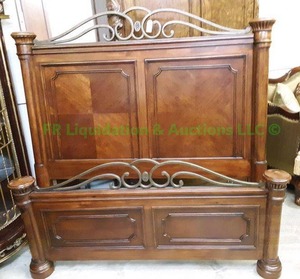 lot 247 image: Art Furniture modern theme cherry wood veneer bed head & foot board plus rails, queen size, 68 tall x 64 wide