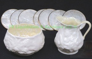 lot 31 image: Belleek Fermanagh Ireland onion skin porcelain creamer pitcher & sugar bowl plus coasters
