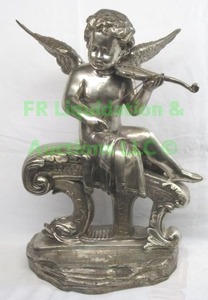 lot 222 image: Large solid nickel metal cherub figure w violin, approx. 15-20 tall. (seller states solid nickel not plated, please preview)