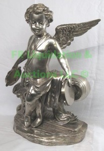 lot 220 image: Large solid nickel metal cherub figure w cymbals, 20 tall. (seller states solid nickel not plated, please preview)