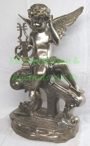lot 223 image: Large solid nickel metal cherub figure w harp, 20 tall. (seller states solid nickel not plated, please preview)