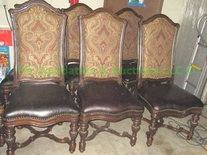 lot 251 image: Leather and damask upholstered chairs 6 count, matches lot 252