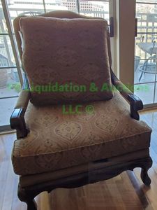 lot 321 image: Upholstered damask chair with wood frame.
