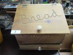 lot 8 image: WOOD BREAD BOX WITH DRAWER COMPARTMENT
