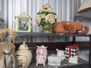 lot 12 image: CERAMIC FLORAL ARRANGEMENT , PITCHER, VASE, HEART SHAPED JEWELRY BOX, WOOD CRADLE AND MORE