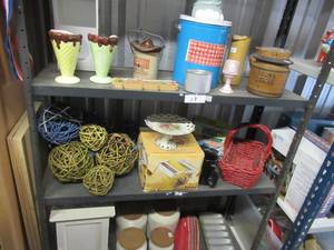 lot 13 image: CERAMIC ICE CREAM CONES, BROWN SUGAR CONTAINER, 4 CONTAINER JARS, SMALL CABINET AND MORE